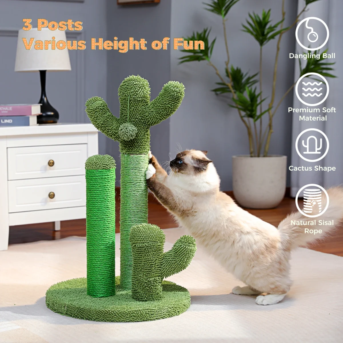 Cute Cactus Cat Tree with Ball Scratching Post for Climbing - Image 2
