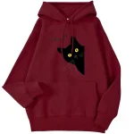 Winter Women Hoodies Meow Black Cat Printed Pullover - Image 3