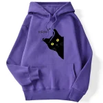 Winter Women Hoodies Meow Black Cat Printed Pullover - Image 2